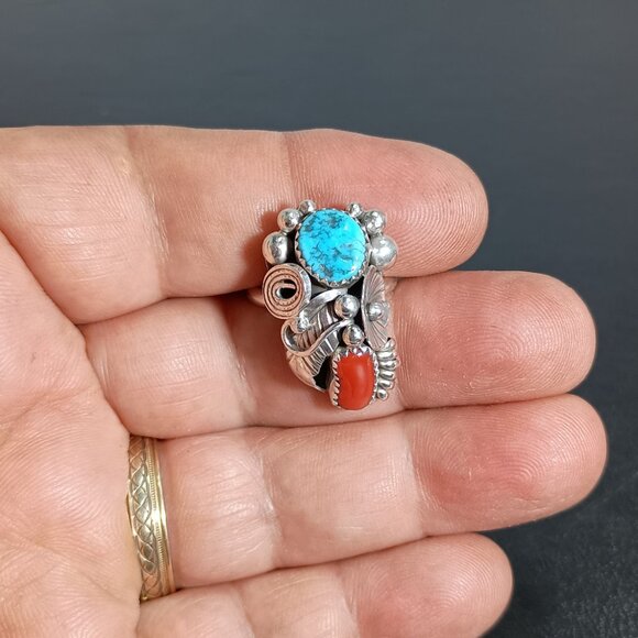 Native America Navajo Sterling Silver Coral & Turquoise Ring Max Calladitto 8.50 - Picture 8 of 8